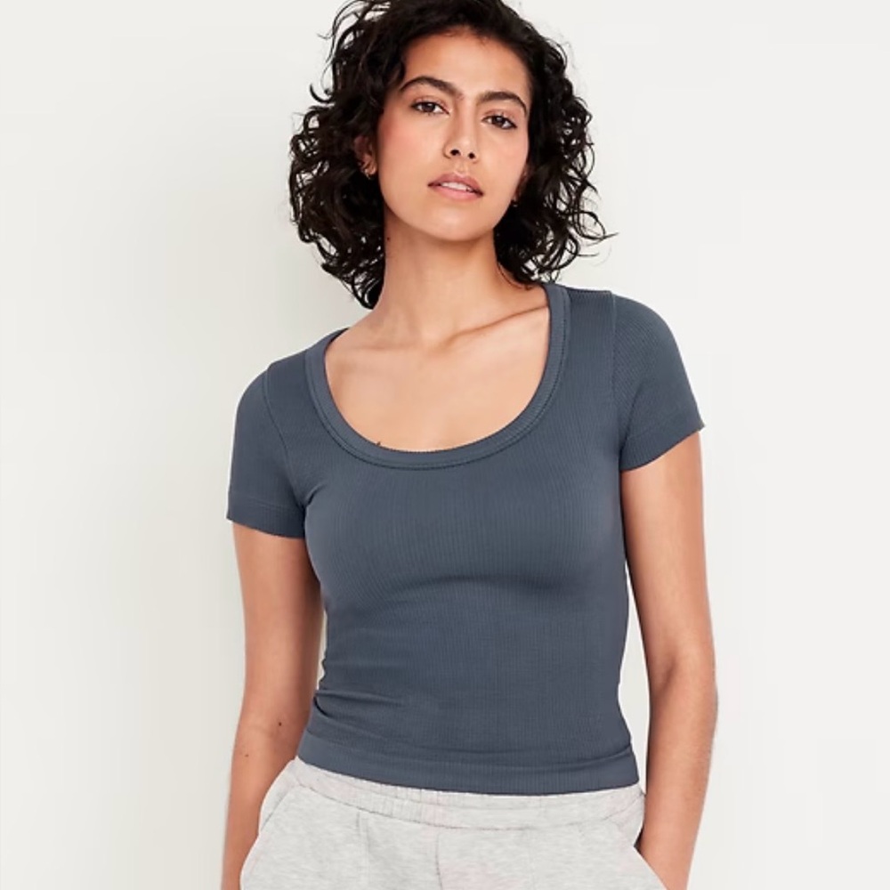 Ribbed Scoop Neck Crop Top - Blue
